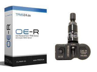 Das Bild zeigt links eine weiße Produktverpackung mit blauen und schwarzen Akzenten, auf der OE-R OE Replacement TPMS Sensor OE Ersatz RDKS Sensor sowie die Webadresse TPMS24.de steht, und rechts daneben einen schwarzen Reifendrucksensor mit Aufschrift OE-R OE Replacement OE Ersatz HTS-4000 433MHz.