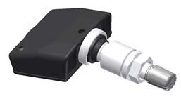 Das Bild zeigt einen Reifendrucksensor, der normalerweise an einem Autoreifen angebracht wird; das Gehäuse ist schwarz, während das Ventil aus silberfarbenem Metall besteht.