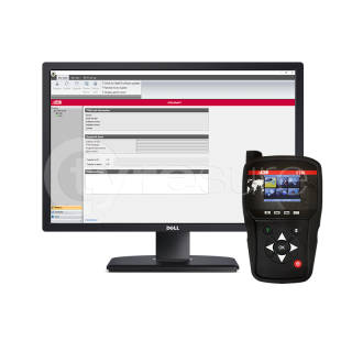 Das Bild zeigt einen schwarzen Dell-Monitor, auf dessen Bildschirm eine Software-Oberfläche mit dem Titel AITR VT46 angezeigt wird. Rechts neben dem Monitor steht ein schwarzes, handliches elektronisches Diagnosegerät mit Farbbildschirm und mehreren Tasten, darunter Richtungs- und OK-Tasten. Auf dem Display des Geräts sind bunte Symbole und eine Weltkarte zu sehen. Das Bild wirkt technisch und ist auf weißen Hintergrund freigestellt.