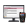 Das Bild zeigt einen schwarzen Dell-Monitor, auf dessen Bildschirm eine Software-Oberfläche mit dem Titel AITR VT46 angezeigt wird. Rechts neben dem Monitor steht ein schwarzes, handliches elektronisches Diagnosegerät mit Farbbildschirm und mehreren Tasten, darunter Richtungs- und OK-Tasten. Auf dem Display des Geräts sind bunte Symbole und eine Weltkarte zu sehen. Das Bild wirkt technisch und ist auf weißen Hintergrund freigestellt.