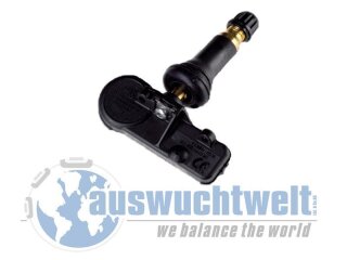 Das Bild zeigt einen schwarzen Reifendrucksensor (TPMS-Sensor) mit Gummiventil, der schräg positioniert über dem Logo und Schriftzug der Firma auswuchtwelt liegt, darunter steht der Slogan we balance the world und daneben ist stilisiert eine Weltkugel mit einem Reifenspurenrand zu sehen.