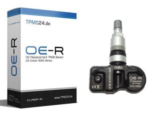 Das Bild zeigt links eine Produktverpackung mit der Aufschrift „TPMS24.de”, „OE-R“, „OE Replacement TPMS Sensor“, „OE Ersatz RDKS Sensor“, „CLAMP-IN“ und „www.TPMS24.de“. Rechts daneben ist ein Reifendruckkontrollsensor (TPMS-Sensor) abgebildet, auf dem „OE-R OE Replacement OE Ersatz 433MHz“ und eine Seriennummer zu lesen sind.