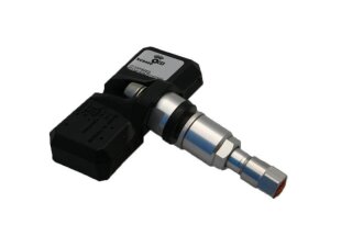Das Bild zeigt einen Reifendrucksensor für Autos, bestehend aus einem schwarzen Kunststoffgehäuse mit einer rechteckigen Form und einem silbernen Metallventil, das zylindrisch geformt ist und an einem Ende ein Gewinde sowie einen roten Dichtring besitzt.