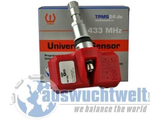 Das Bild zeigt einen Reifendruck-Sensor mit rotem Gehäuse und silbernem Ventil, der vor einer Verpackung steht, auf der unter anderem „433 MHz“, „Universal Sensor“, „TPMS24.de“, „TPMS“ und „auswuchtwelt“ sowie eine Weltkugel abgebildet sind.