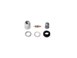 Das Bild zeigt mehrere kleine Einzelteile, die zu einem Set gehören. Zu sehen sind eine silberne Metallkappe mit Innengewinde, ein kleines zylindrisches Metallventil mit rotem Dichtungsring, eine graue geriffelte Kunststoffkappe, ein silberner Metallring, ein transparenter Kunststoffring und ein schwarzer Gummiring. Alle Teile liegen einzeln und getrennt auf einem weißen Hintergrund.