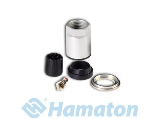 Auf dem Bild sind fünf Einzelteile eines Ventilreparatursets für Reifen abgebildet: eine silberne Sechskant-Mutter, eine schwarze Kunststoffkappe, eine schwarze Dichtung, ein kleines Metallventil und ein silberner Ring. Im unteren Bereich ist das hellblaue Logo und der Schriftzug „Hamaton“ zu sehen.